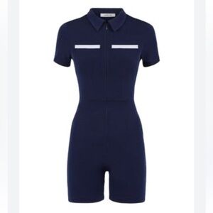 Peachy Den navy blue white jumpsuit romper fitted collared size XS